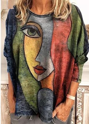 Интересная блуза удлиненная туника оверсайз с принтом узором в стиле пабло пикассо разноцветная яркий принт плотная этно бохо авангард
