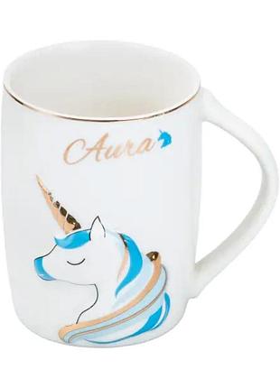 Чашка фарфоровая с рисунком единорога 400 мл aura голубая hp7187bl