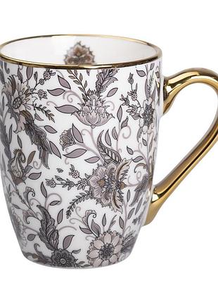 Порцелянова чашка 400 мл із золотим обідком і золотою ручкою сіра rx-n240665g