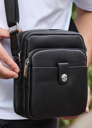 Мужская кожаная универсальная сумка 24х20х8, борсетка из кожи, сумочка для мужчин с регулировкой ручки, черная