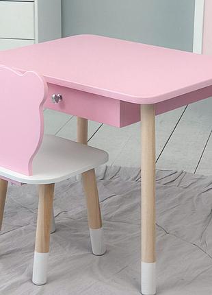 Стол прямоугольный с ящиком 46х60х45 и стул медвежонка 26.5х26х25, столик и стульчик для детской комнаты, розовый с белым