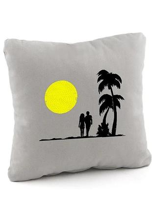 Подушка подарочная декоративная на день влюбленных- двое на берегу флок,подушка к 14 февраля подарок серый