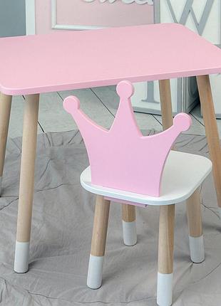 Стол прямоугольный 46х60х45 и стул корона 26.5х26х25, столик и стульчик для девочки до 7 лет, розовый белым