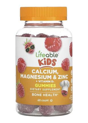 Calcium magnesium & zinc kids lifeable, жувальні таблетки з кальцієм, магнієм і цинком і вітаміном d3 для дітей, 60 таблеток