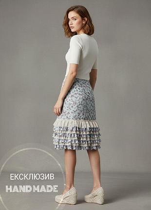 Дизайнерская спідниця рюши міді літня ексклюзив макраме в сільському стилі прованс кантрі квіти сітка блакитна літня трапеція ручна робота юбка вінтаж