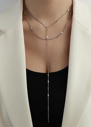 Серебряная двойная длинная цепочка-галстук «легкость линий», серебро 925 пробы, длина 37+6 см