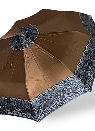 Коричневый атласный зонт с узором по краю