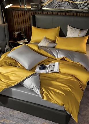 Постельное белье дуэт golden/platinum premium сатин однотон meriset - семейный на резинке полуторний на резинці