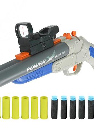 Двуствольный механический дробовик 38 см с прицелом — 10 мягких патронов и 6 гильз, безопасная игрушка