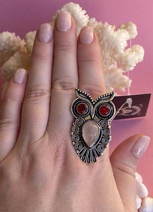 Кільце «сова» з натуральним рожевим кварцом,гранатом каблучка з каменем рожевий кварц в сріблі 20 розмір.індія