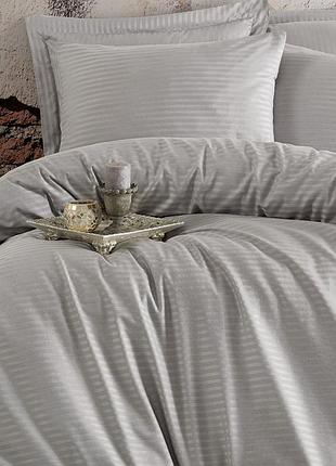 Постельное белье soft gray elite сатин страйп meriset - семейное на резинке двоспальний на резинці
