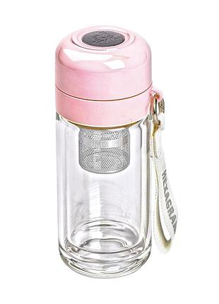Термос стеклянный hexagram с двойными стенками и заварником 240 мл розовый hp-14-40p