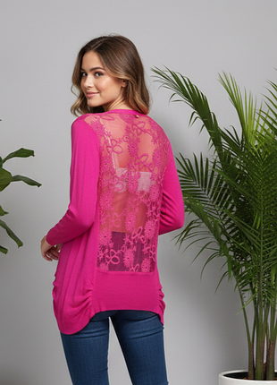 Розовый кардиган без застежек с кружевной прозрачной спинкой
