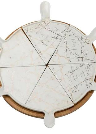 Тарелка для пиццы 28 см фарфоровая с бамбуковой вращающейся подставкой, секционная hp1213