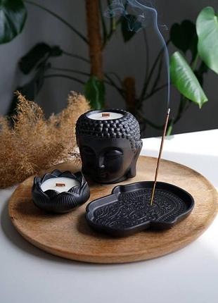 Комплект дзен с соевыми аромасвечами в кашпо в черном цвете ручной работы с подставкой для благовоний aphrodisiac