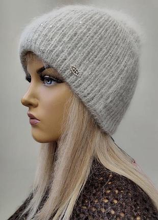 Женская тёплая шапка с высоким отворотом из ангоры с пайетками черная светло-серый