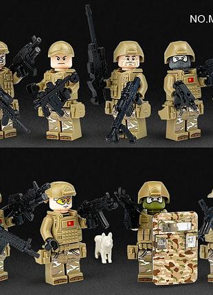 Конструктор фигурки человечки военные спецназ солдаты пустынный камуфляж с собакой