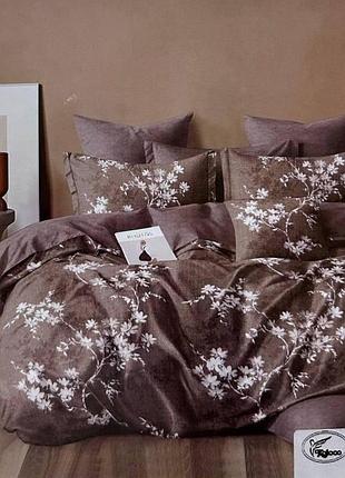 Комплект постельного белья полуторный koloco 100% хлопок (40112) белые цветы на темно-коричневом