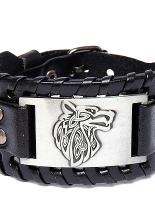 Шкіряний браслет- талісман у скандинавському стилі вовк фенрір коричневий