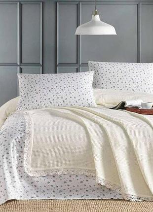 Комплект хлопкового постельного белья ранфорс с летним вафельным покрывалом-пледом евро размер турция sofia