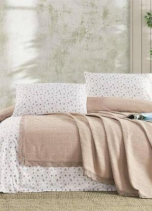 Комплект хлопкового постельного белья ранфорс с летним вафельным покрывалом-пледом евро размер турция sofia бежевый