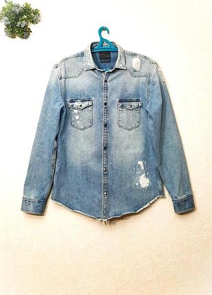 Фирменная куртка джинсовая светло-синяя мужская удлиненная джинсовка плотный джинс с царапинами бренд zara
