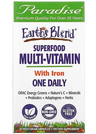 Paradise herbs, earth's blend, комплекс суперфудов и мультивитаминов с железом, для приема один раз в день, 30