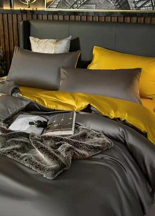 Постельное белье дует anthracite/golden premium сатин однотон meriset - семейный на резинке двуспальный