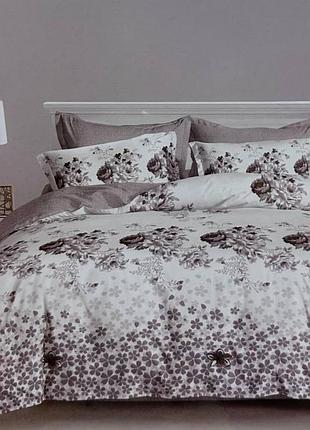 Комплект постельного белья полуторный koloco 100% хлопок (40116) бежево-серые цветы на белом