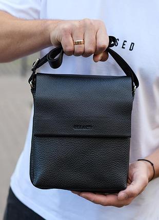 Кожаный мессенджер для мужчины 23х19х7, барсетка через одно плече, сумка для документов, черная