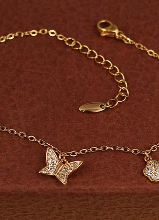 Браслет xuping jewelry с подвесками бабочка с цветочками 17 см удлиннитель 3 см золотистый