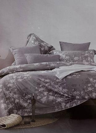 Комплект постельного белья полуторный koloco 100% хлопок (40118) белые и темно-серые цветы на сером
