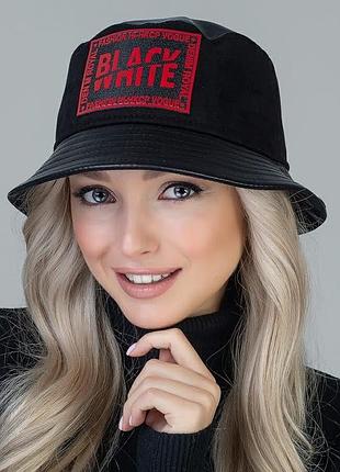 Панама из эко замши с стрейч кожи черная с красным размер 56-58 чёрный с красным