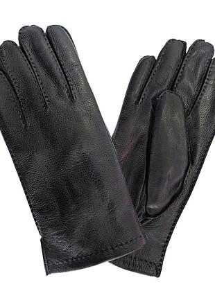 Мужские перчатки из кожи оленя черные с наружным швом и подкладкой из меха мутона 10.5