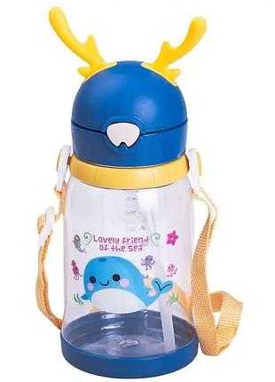 Пляшка для води дитяча 550 мл на ремінці пляшечка з трубочкою для спорту та школи синя hp-14-44bl