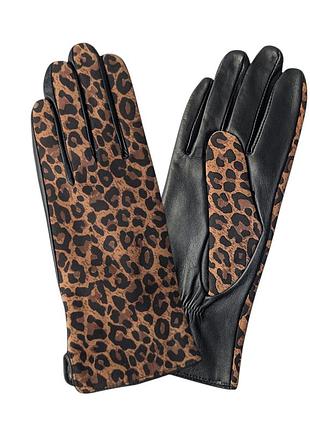 Жіночі шкіряні комбіновані рукавички з леопардовим принтом і вовняною підкладкою сенсорні 0672 lnzs 8