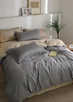 Постельное белье дует true grey/desert sand premium сатин однотон meriset - семейный на резинке двуспальный