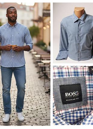 Hugo boss, хлопковая рубашка regular fit, в клетку, синего цвета. размер xl,