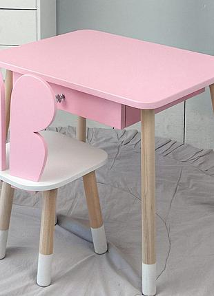 Стол прямоугольный с ящиком для вещей 46х60х45 и стул бабочка 26.5х26х25, столик и стульчик в детскую, розовый с белым