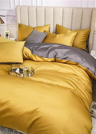 Постельное белье дует golden/true grey premium сатин однотон meriset - семейный на резинке полуторний на резинці