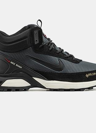 Зимові чоловічі кросівки nike rivah winter gore-tex grey black fur найк сірого з чорним кольорів хутро
