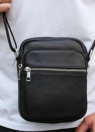 Мужская кожаная борсетка 21х17х7, сумка для города, компактный мессенджер для ежедневного использования, черная