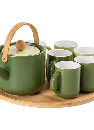 Чайный сервиз на 6 персон с бамбуковой вращающейся подставкой, зеленый hp-15-23