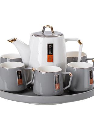 Чайный сервиз на 6 персон с фарфоровой подставкой, серый hp-15-26