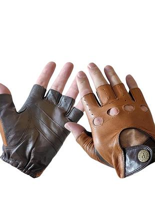 Чоловічі безпалі шкіряні коньячні комбіновані рукавички з м'якої шкіри pitas 1077 10.5