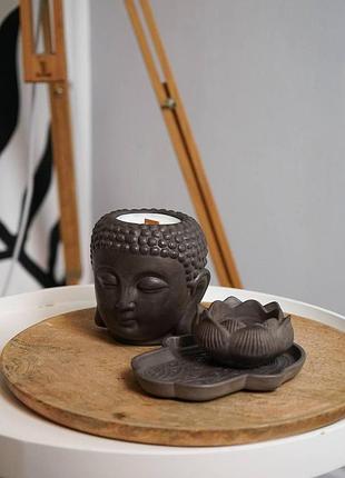 Комплект дзен с соевой свечой с эфирными аромамаслами в гипсовом кашпо будда citrus & wood