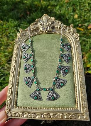 Удивительной красоты серебряное антикварное колье, ожерелье с натуральным хризопразом.