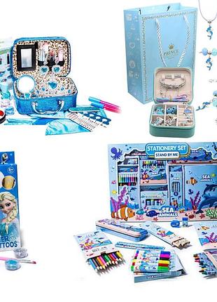 Набор детский для девочек 4в1 косметика, тату, канцелярия, браслеты холодне серце ельза frozen бирюзовый 32-8