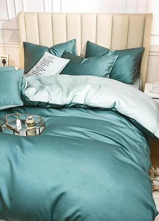 Постельное белье дуэт turquiose/ice blue premium сатин однотон meriset - семейный на резинке двоспальний на резинці