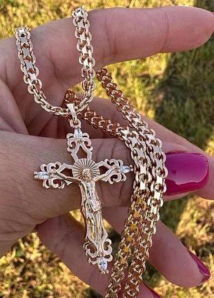 Набір ланцюжок бісмарк 60 см (5 мм) + хрестик 4 см (18к колір золота 585п) 77-024